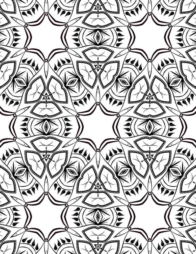 Elegant black and white mandala with layered leaves, teardrop accents, and botanical symmetry in a repeating pattern