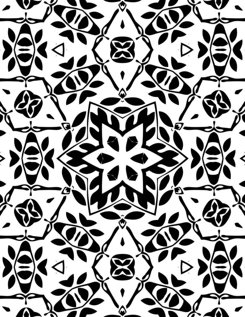 Black and white leafy star mandala with floral branches and triangular accents for coloring and meditation