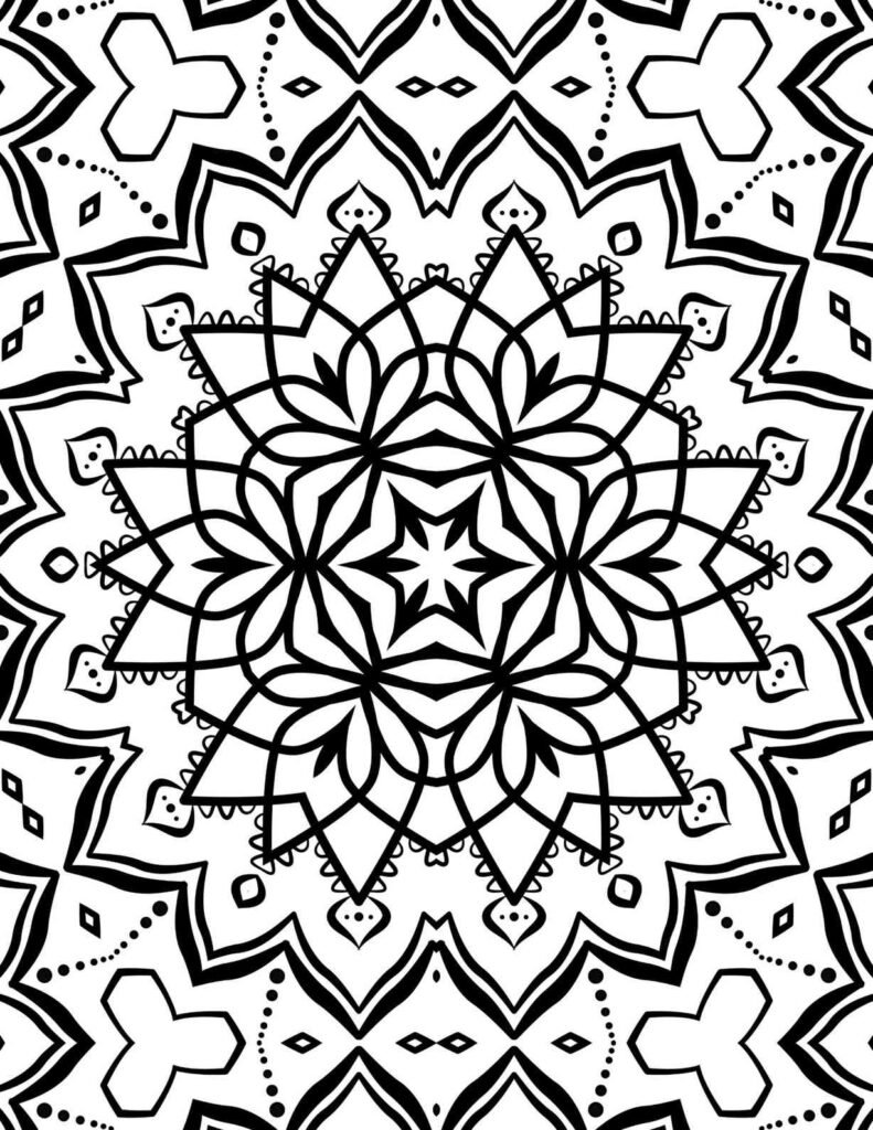 Symmetrical mandala with lotus petal shapes, starburst center, and decorative outer elements in black and white