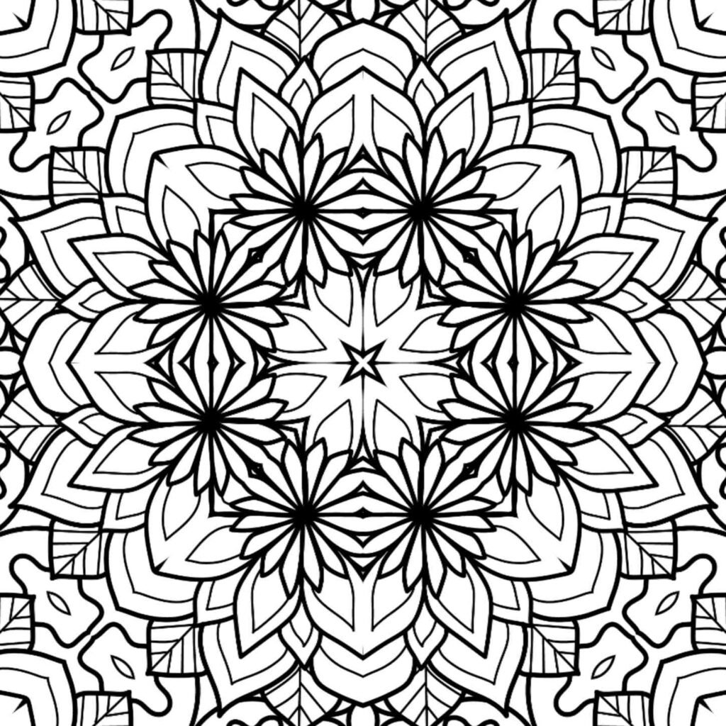Detailed symmetrical mandala coloring page featuring a central six-petal lotus flower surrounded by intricate floral layers and delicate patterns.