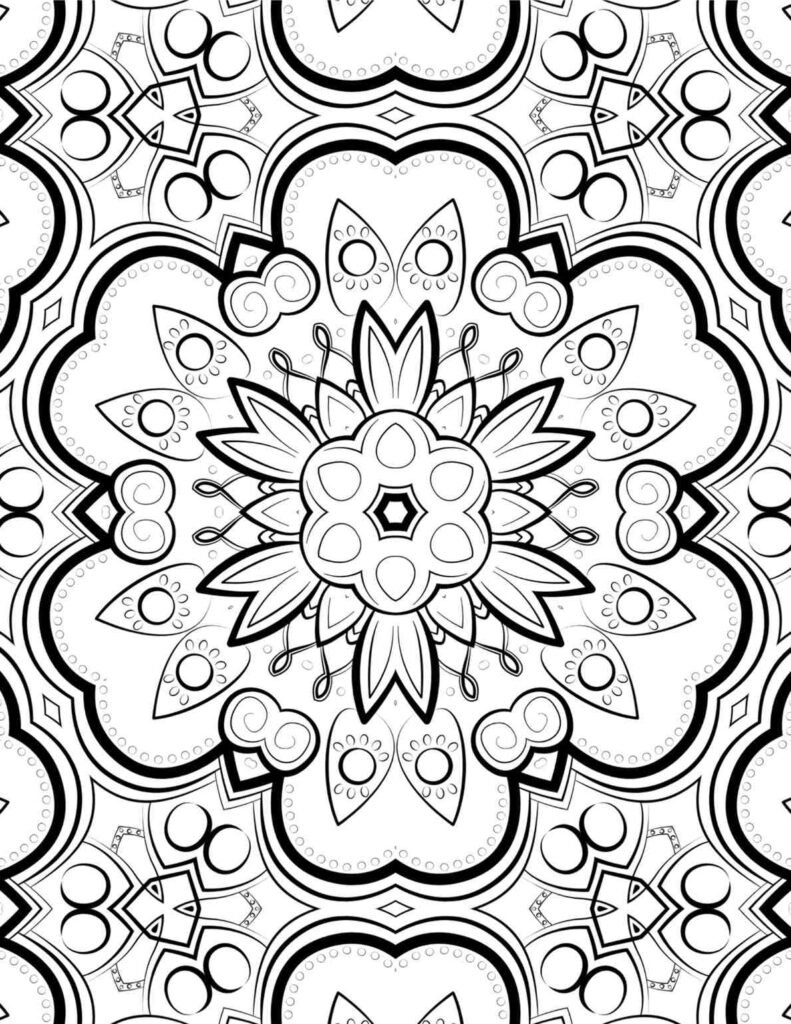 Beautiful black and white mandala with a central lotus flower motif, intricate swirls, and delicate patterns, perfect for adult mindful coloring.