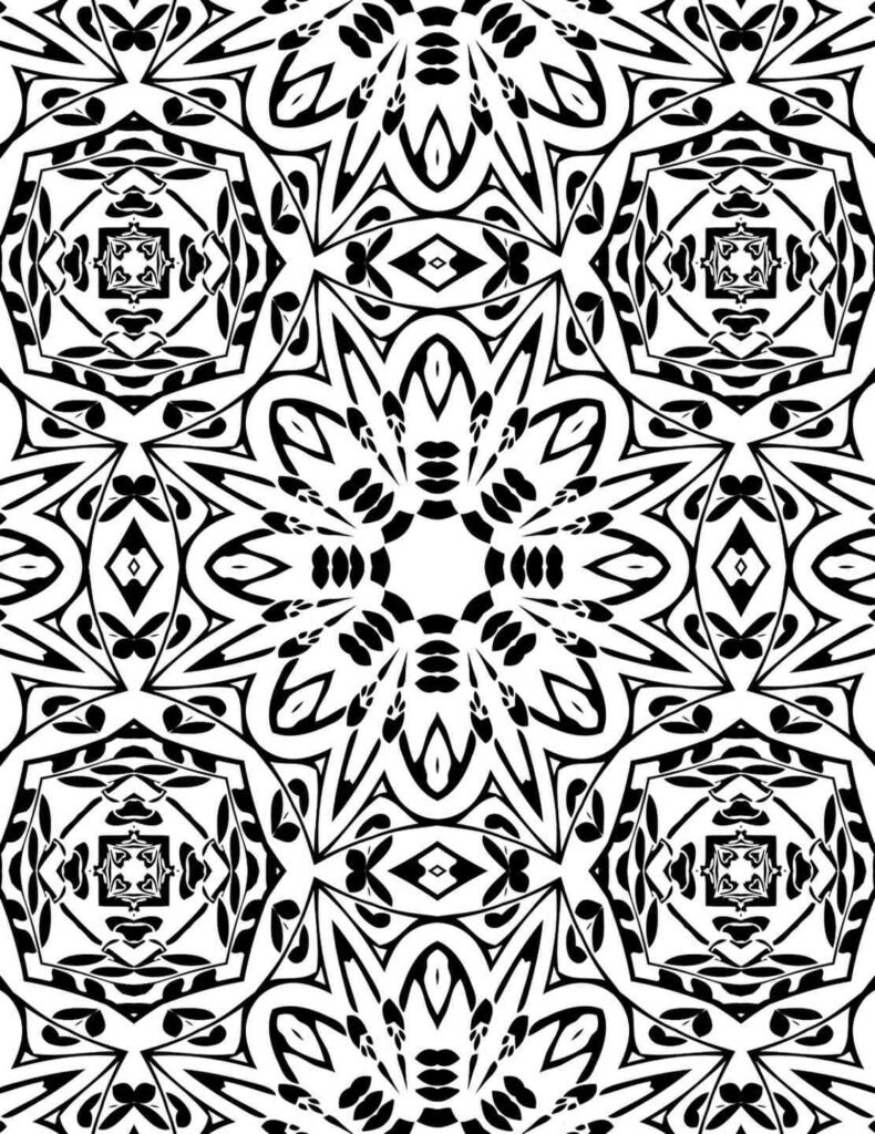 Complex black and white lotus kaleidoscope mandala with layered floral petals, geometric frames, and symmetrical patterns for adult coloring