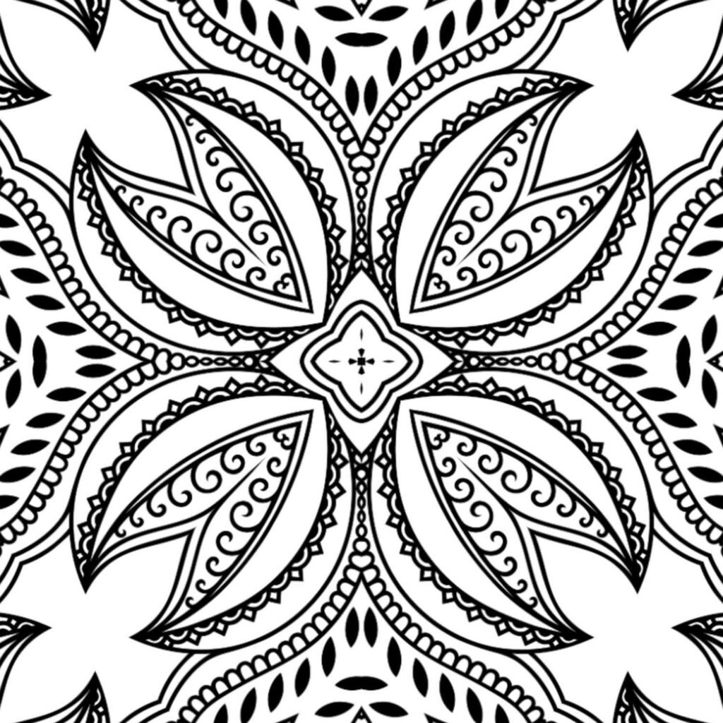 Symmetrical black and white mandala featuring intricate lotus-like petals and organic swirling patterns – perfect for relaxation and mindfulness coloring.
