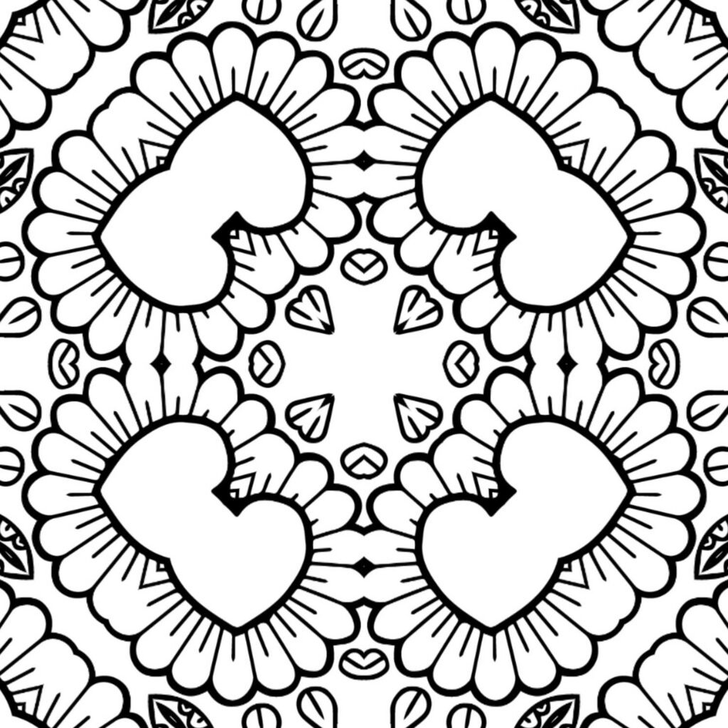 Beautiful mandala coloring page featuring four large heart shapes surrounded by petals, ideal for self-love, emotional healing, and gentle relaxation.