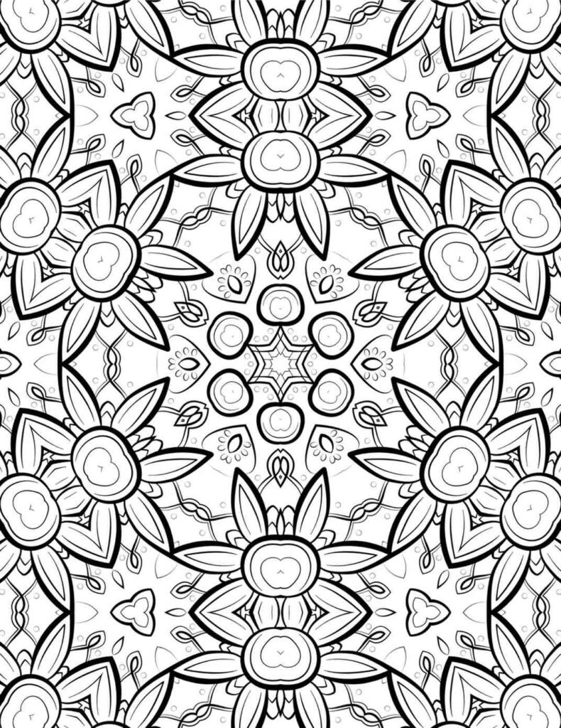 Intricate black-and-white luminous floral mandala with star center and heart-shaped patterns for coloring and meditation