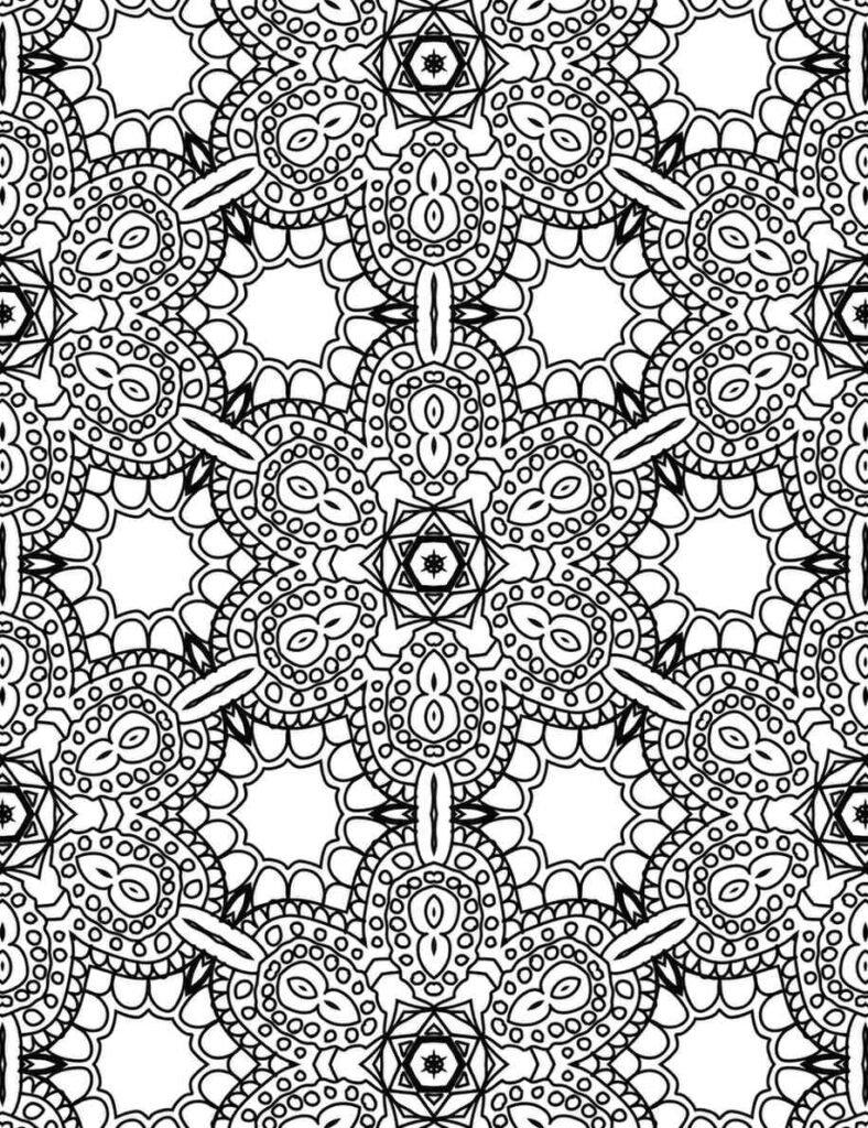 Intricate black and white luminous petal mandala with floral and star patterns for coloring and mindfulness.