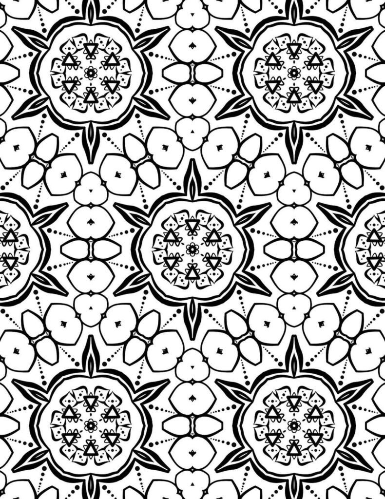 Elegant Luminous Petal Mandala with floral star patterns and triangular accents for coloring and meditation.