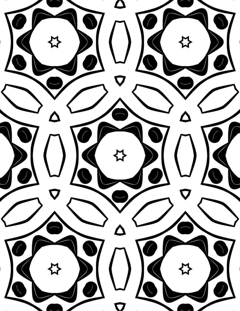 Intricate luminous star mandala with bold star centers and circular accents for coloring and meditation.