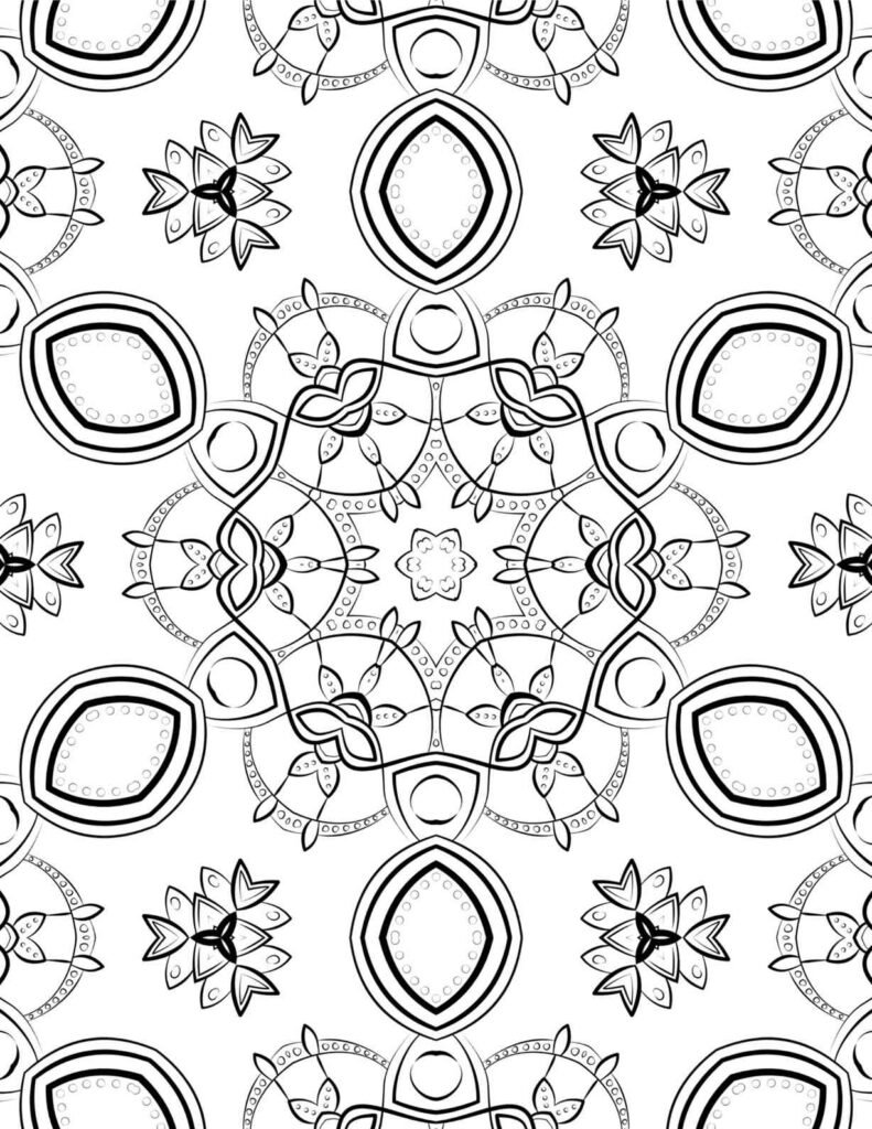 Intricate black-and-white lunar gem mandala with star center and floral patterns for coloring and meditation