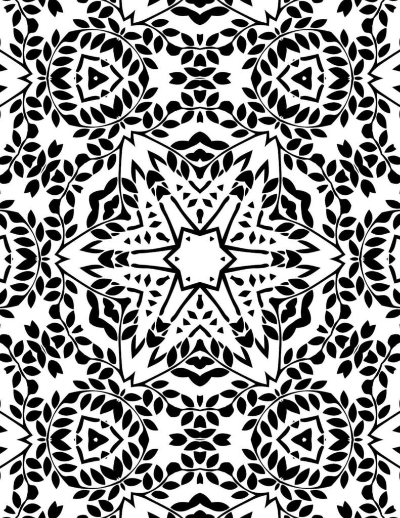 Black and white leaf crown mandala with intricate leafy patterns and star-shaped center for coloring and mindfulness.