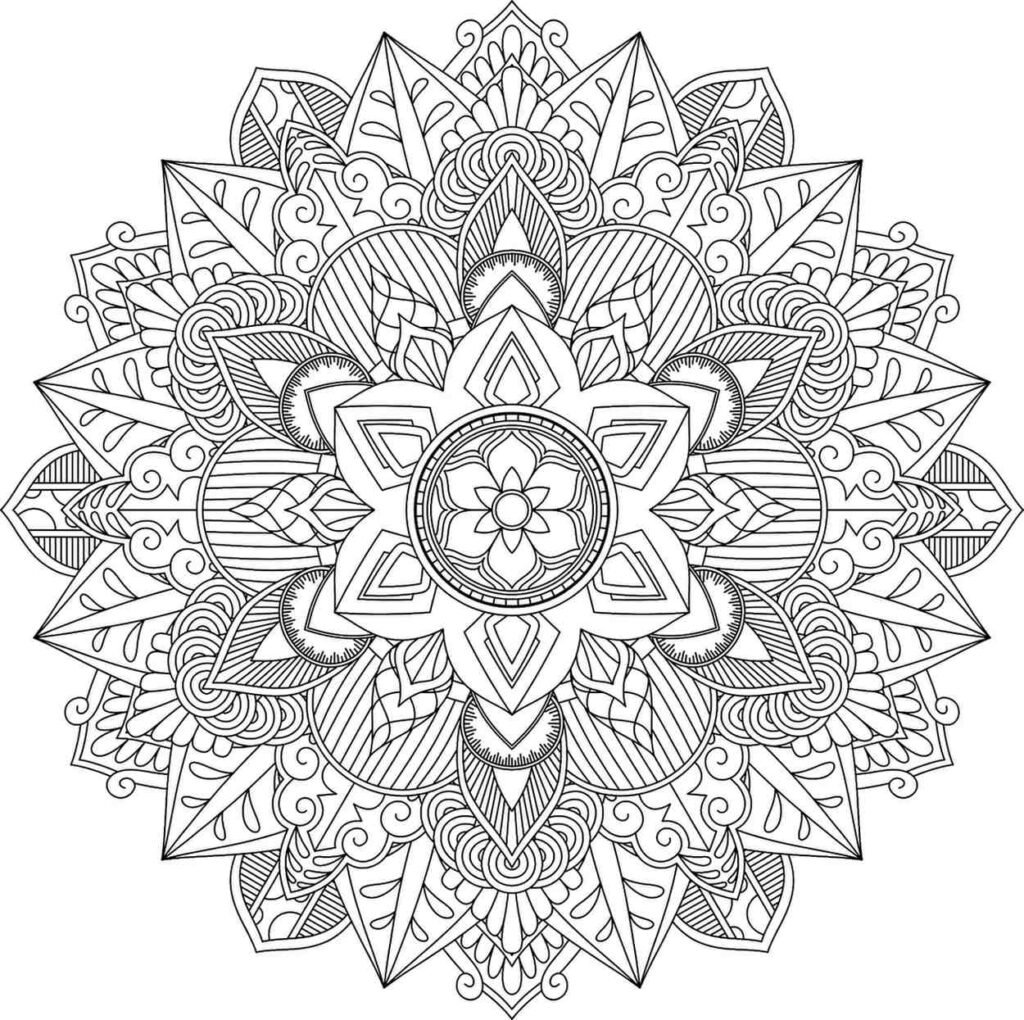 Highly detailed circular mandala coloring page with a central six-petal flower surrounded by complex layers of pointed leaves, swirling patterns, and delicate lines.