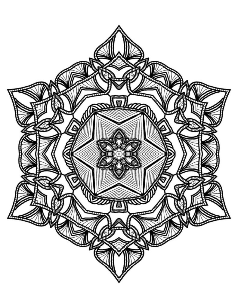 Highly intricate symmetrical mandala with a prominent central star, layered geometric patterns, and fine linear details, black and white design for advanced adult coloring.