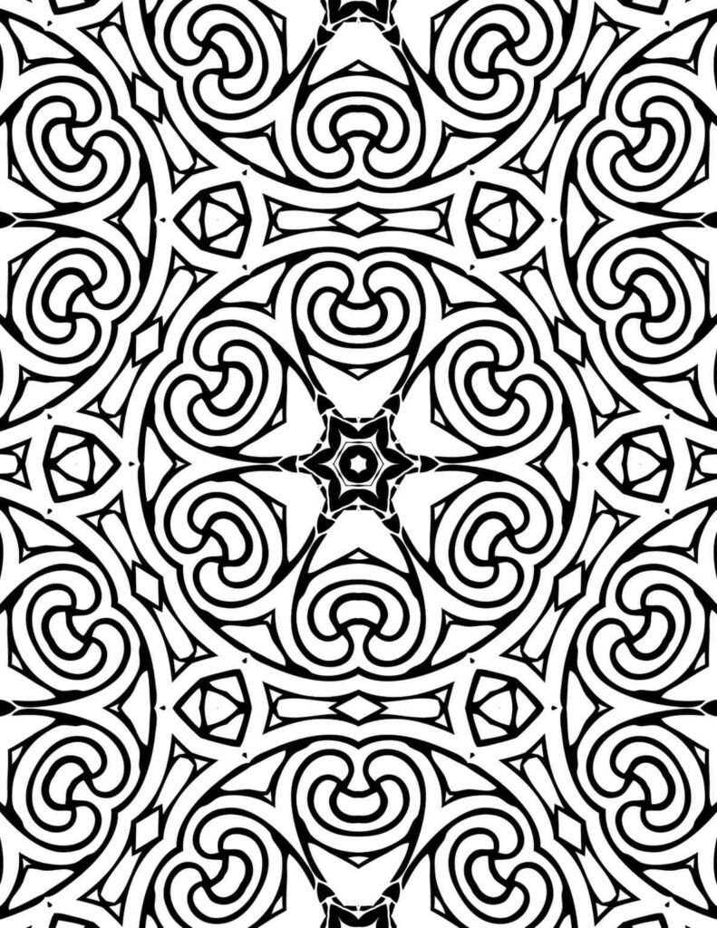 Bold black and white mandala with symmetrical scrolls, curls, and a central starburst pattern, ideal for adult coloring and relaxation