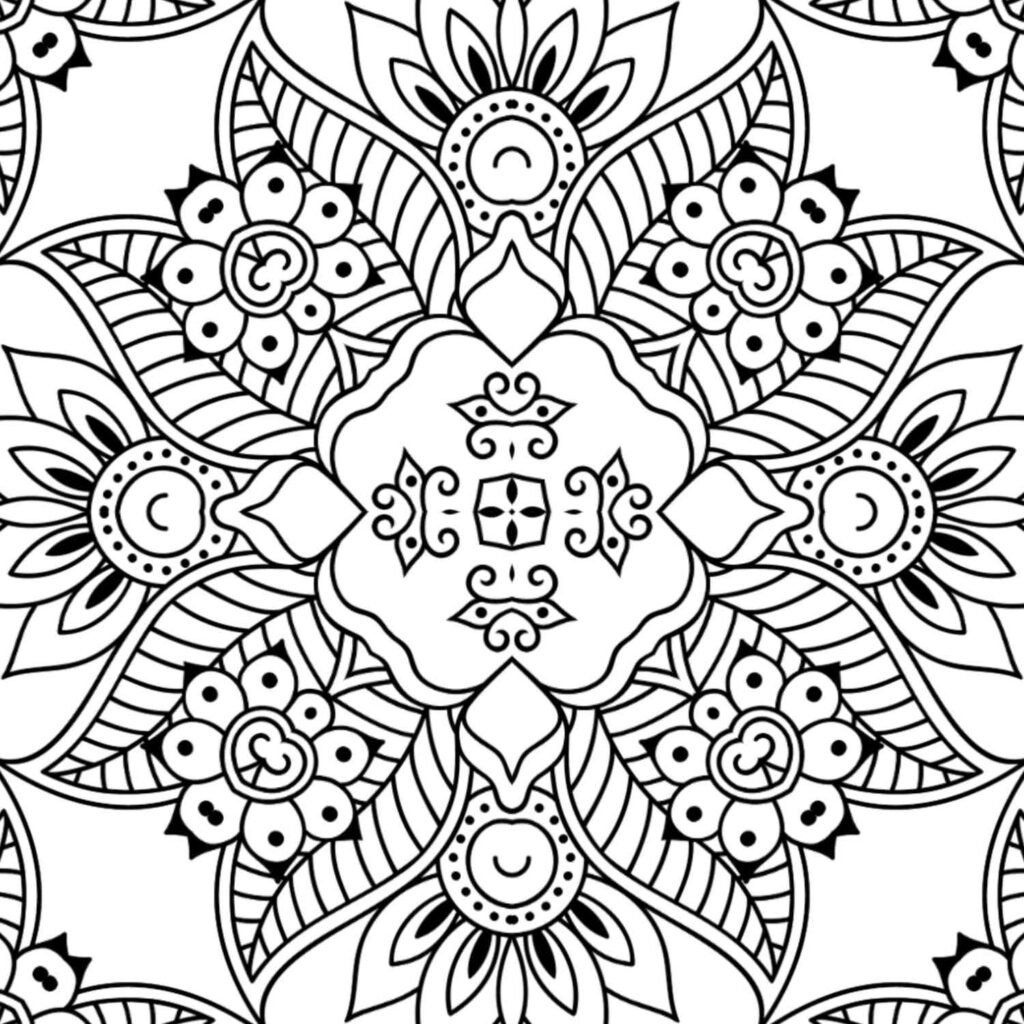 Symmetrical medallion bloom mandala coloring page with intricate floral patterns and ornate center, ideal for mindful art therapy.