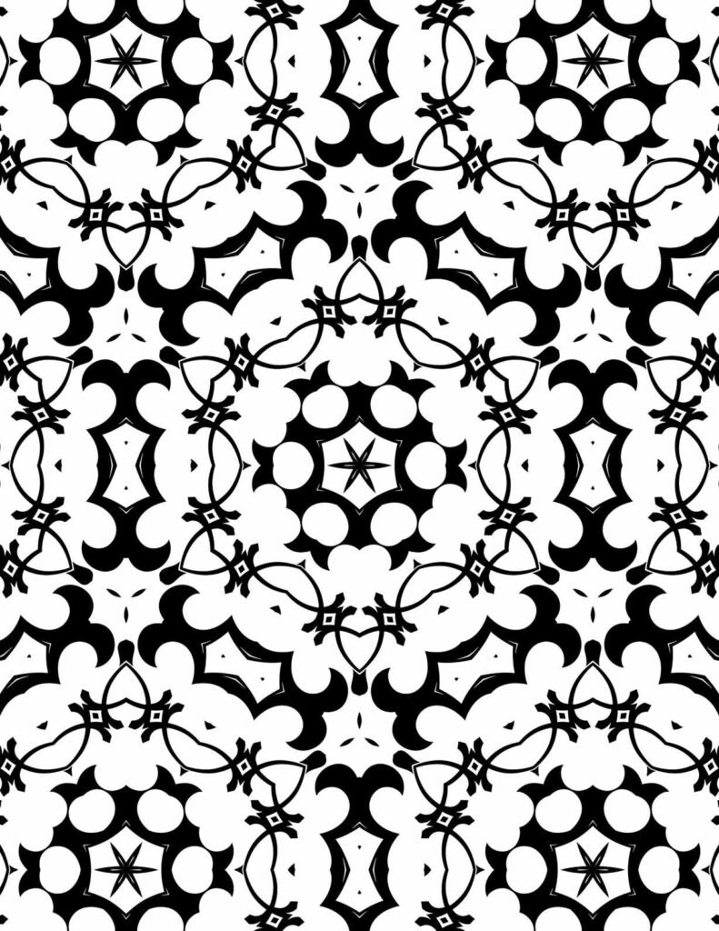 Intricate black and white midnight blossom mandala with star and floral patterns for coloring and meditation.