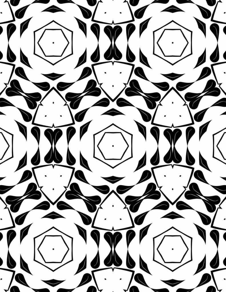Black and white mandala design featuring repeating pentagonal patterns and abstract petal-like forms