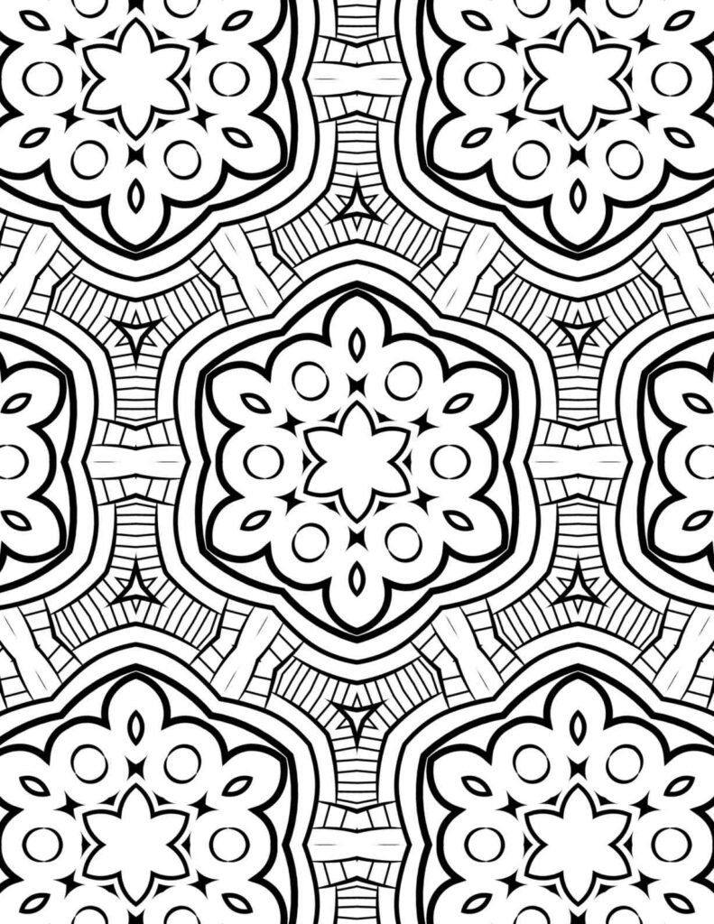 Black-and-white mandala with floral centers, layered petal designs, and geometric mosaic patterns, ideal for coloring and mindful crafts.