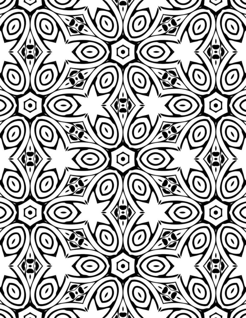 Intricate Mosaic Star Mandala with a central star, petal-like shapes, and oval-diamond motifs in black-and-white, ideal for coloring and meditation.