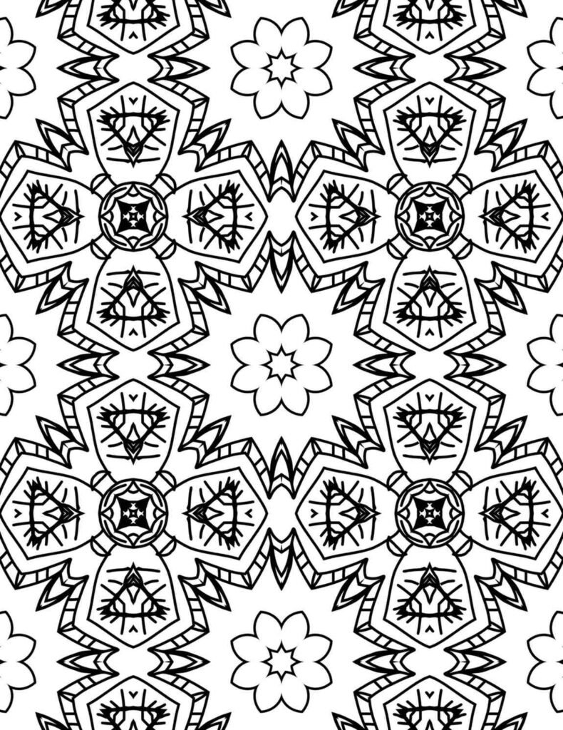 Bold black and white mandala featuring shield-like hexagons, jagged borders, and tribal-style inner details for intricate coloring