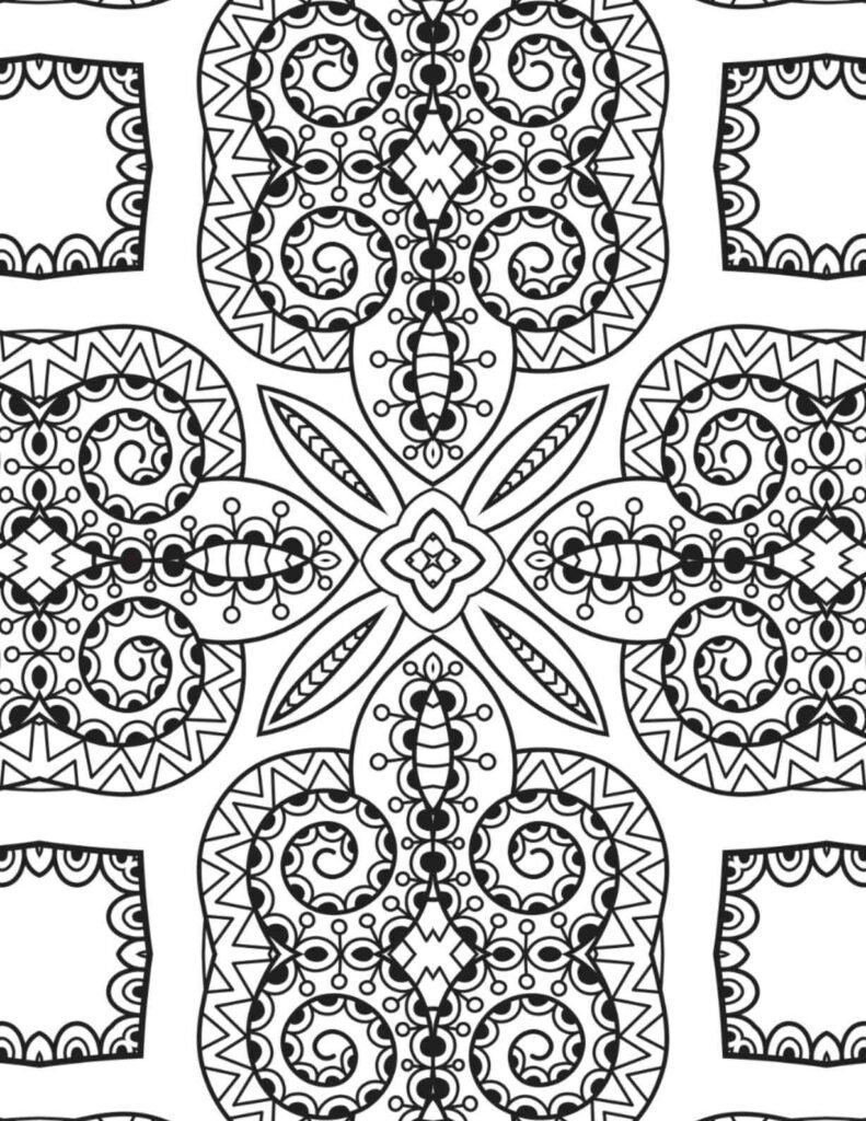 Mystic spiral mandala with geometric swirls and scalloped borders for coloring and relaxation