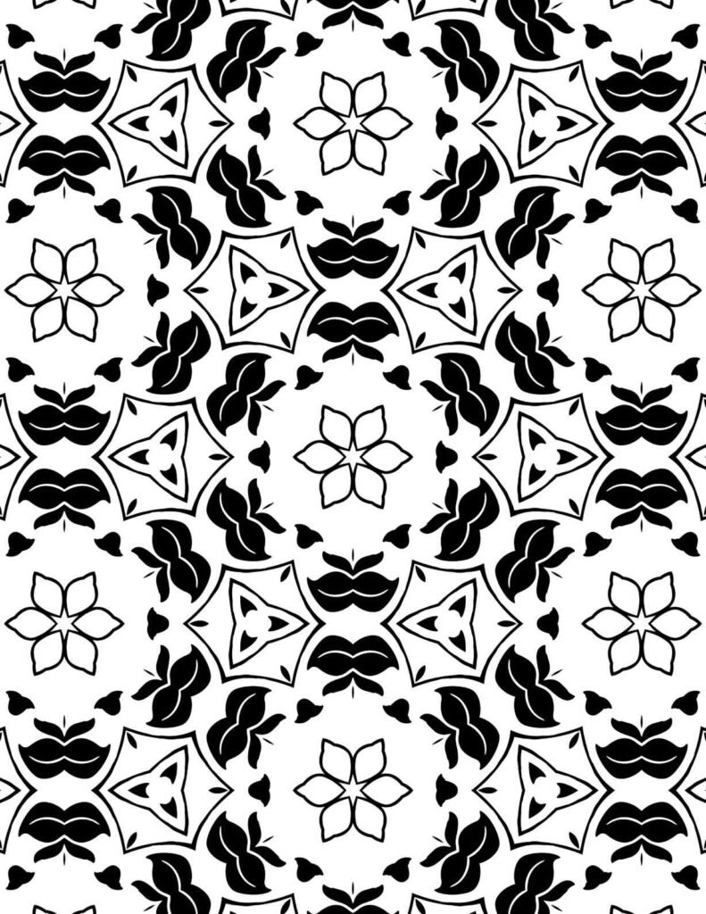 Symmetrical black and white mandala with repeated stylized floral and leaf patterns, ideal for mindful coloring and creative projects.
