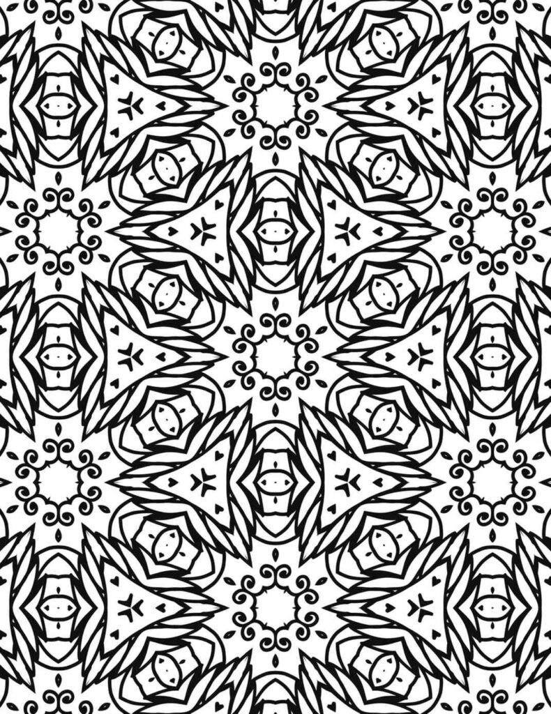 Black and white mystical face spiral mandala with intricate floral and swirl patterns for coloring