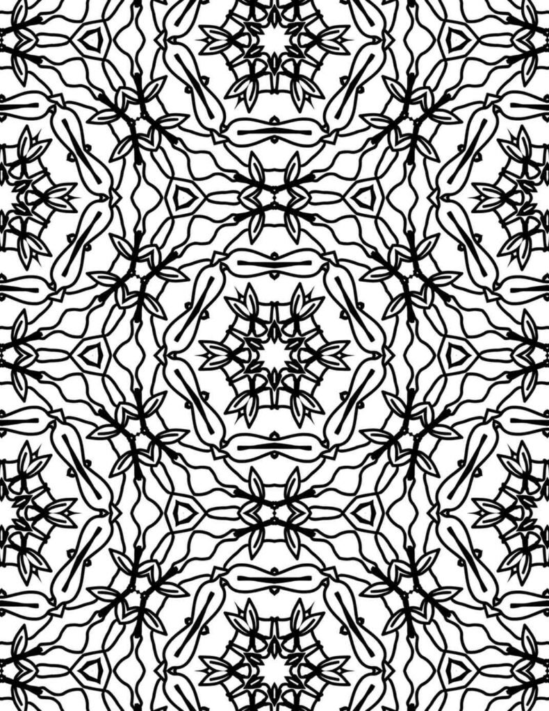 Intricate black and white mandala with flowing wave-like lines and leafy botanical motifs