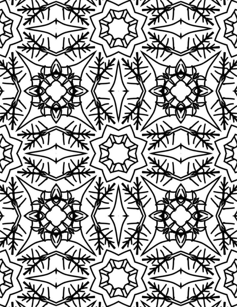 Symmetrical mandala with leaf-vein structures, petal formations, and organic starburst shapes in a repeating black-and-white pattern