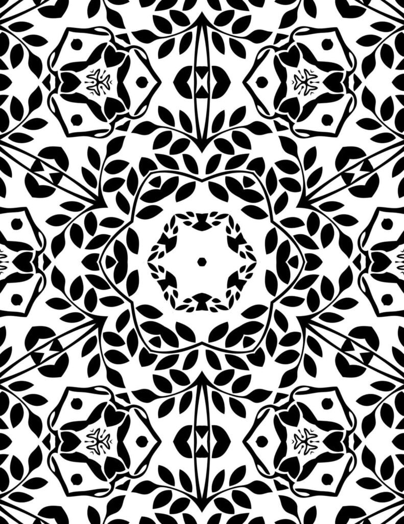 Black and white nature-inspired mandala with leafy branches and floral heart motifs for coloring and relaxation