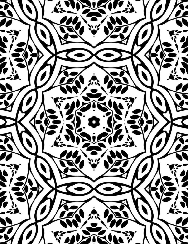Detailed black and white mandala with symmetrical leaf and branch patterns, and a central floral motif for mindful coloring