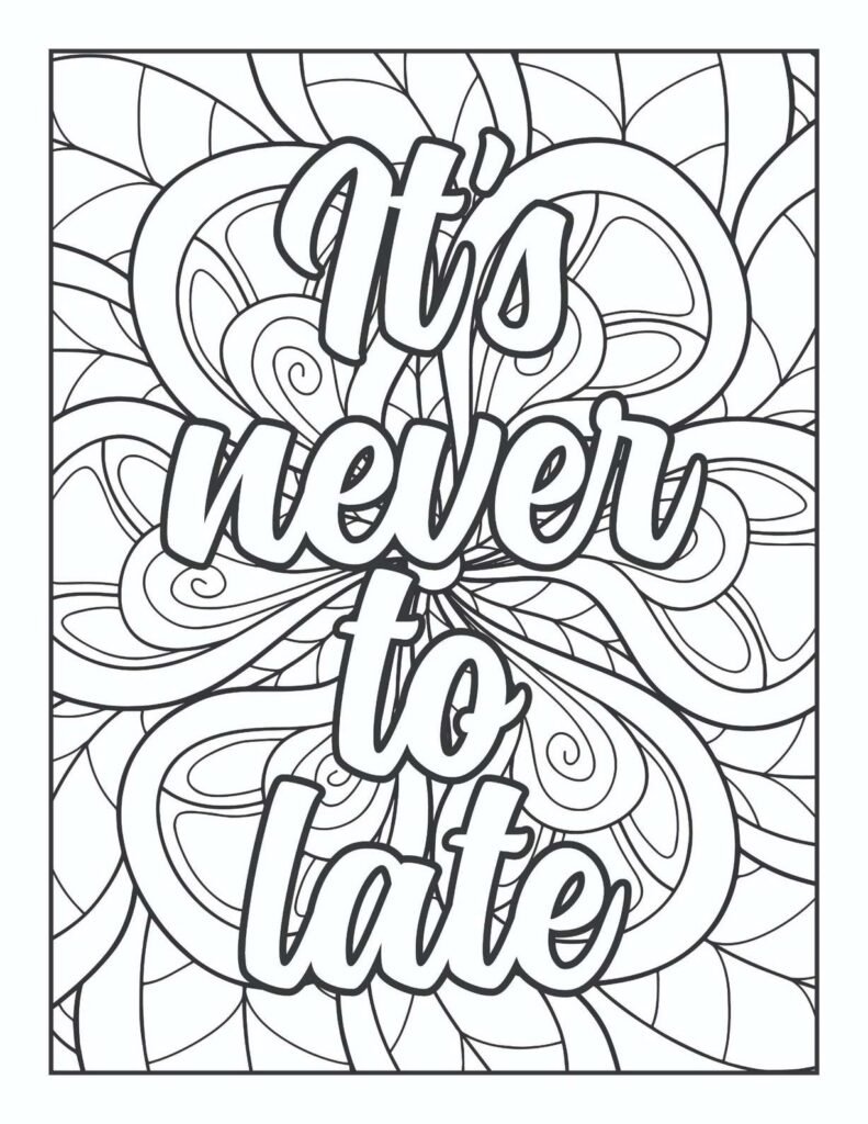 Inspirational quote "It's never too late" on a black and white coloring page with abstract swirling and organic background patterns, perfect for encouraging new beginnings and mindful coloring.