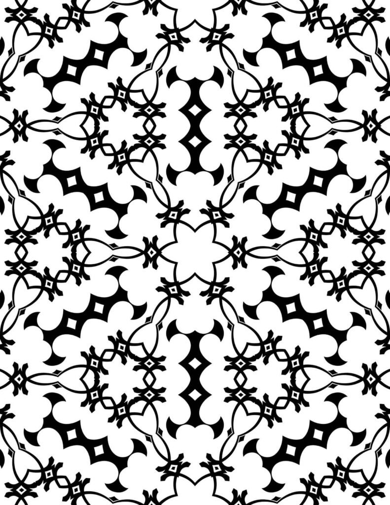 Black and white mandala design featuring interwoven diamond shapes, curved cross-like motifs, and ornate symmetrical connectors