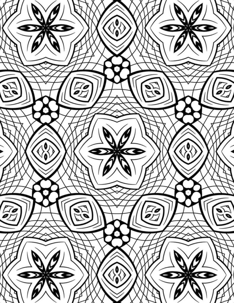 Detailed ocean bloom mandala with six-petal flowers, stylized fish scales, and intricate wavy background lines, perfect for mindful coloring.