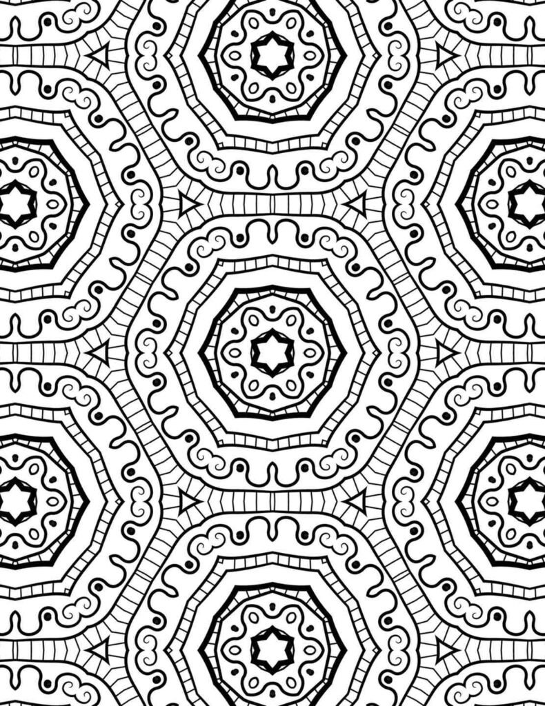 Black and white mandala pattern featuring repeating octagons, starburst centers, and swirling wave details for coloring and relaxation