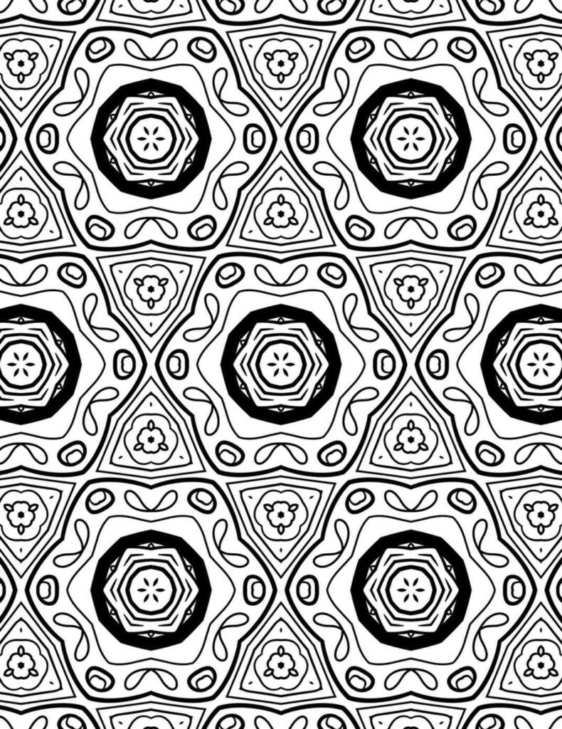 Intricate organic geometric mandala with hexagonal centers, star patterns, and flowing kidney-bean shapes, ideal for mindful coloring and creative projects.