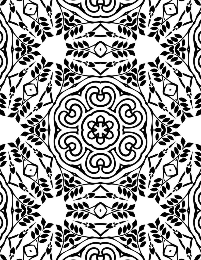 Symmetrical botanical mandala with central floral swirls and intricate leaf patterns, perfect for mindful coloring and stress relief.