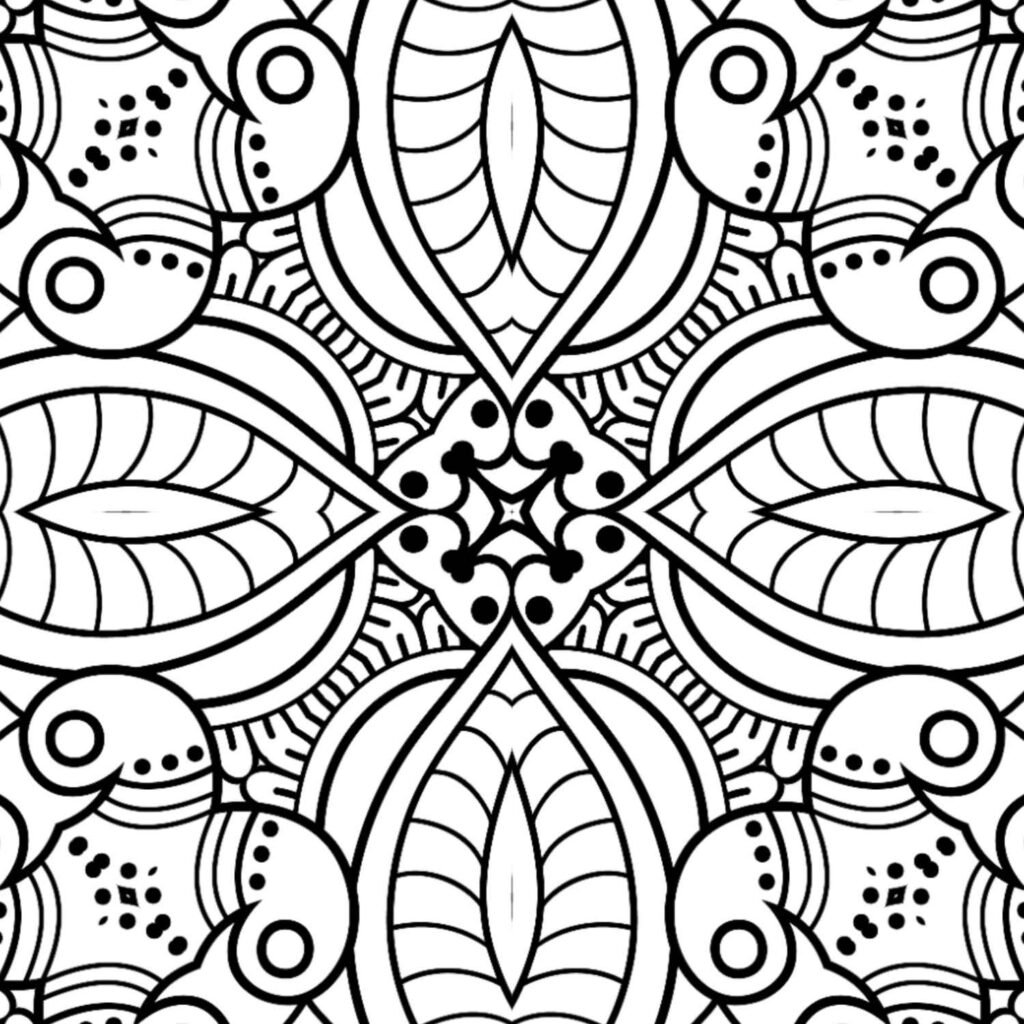 Symmetrical black and white mandala with leaf-like patterns, bold outlines, and intricate dot details, ideal for meditative adult coloring.
