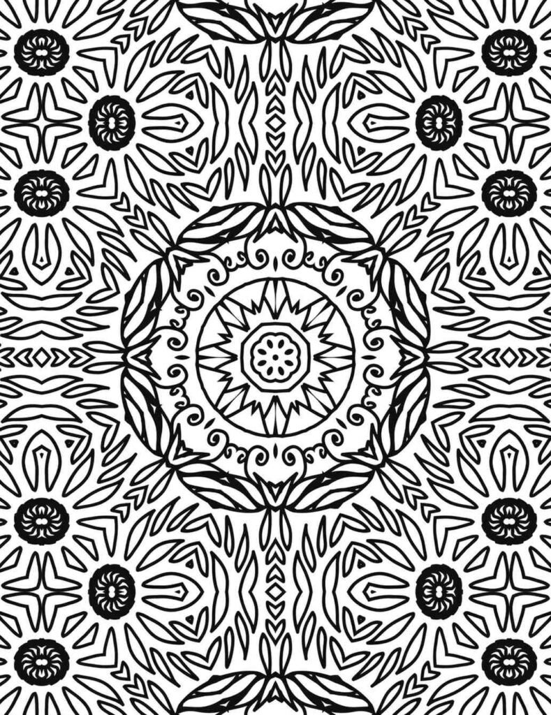 Highly detailed black and white mandala with a central floral burst, surrounded by repeating organic shapes, leaves, and whimsical swirls, perfect for mindful coloring and art.