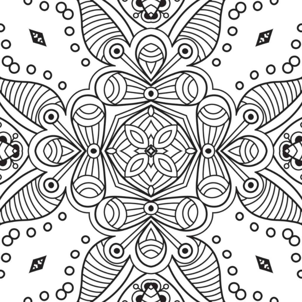 Beautiful organic seed pod mandala with central bloom, radiating leaf-like shapes, and delicate circular details, ideal for mindful coloring and stress relief, available for free download.