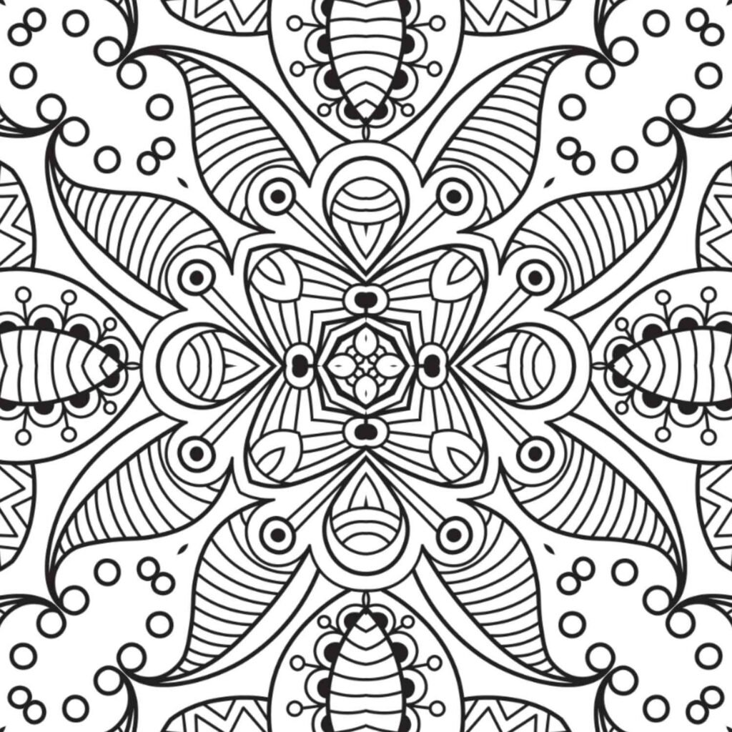 Beautiful organic seed pod mandala with central bloom, radiating leaf-like shapes, and delicate circular details, ideal for mindful coloring and stress relief, available for free download.