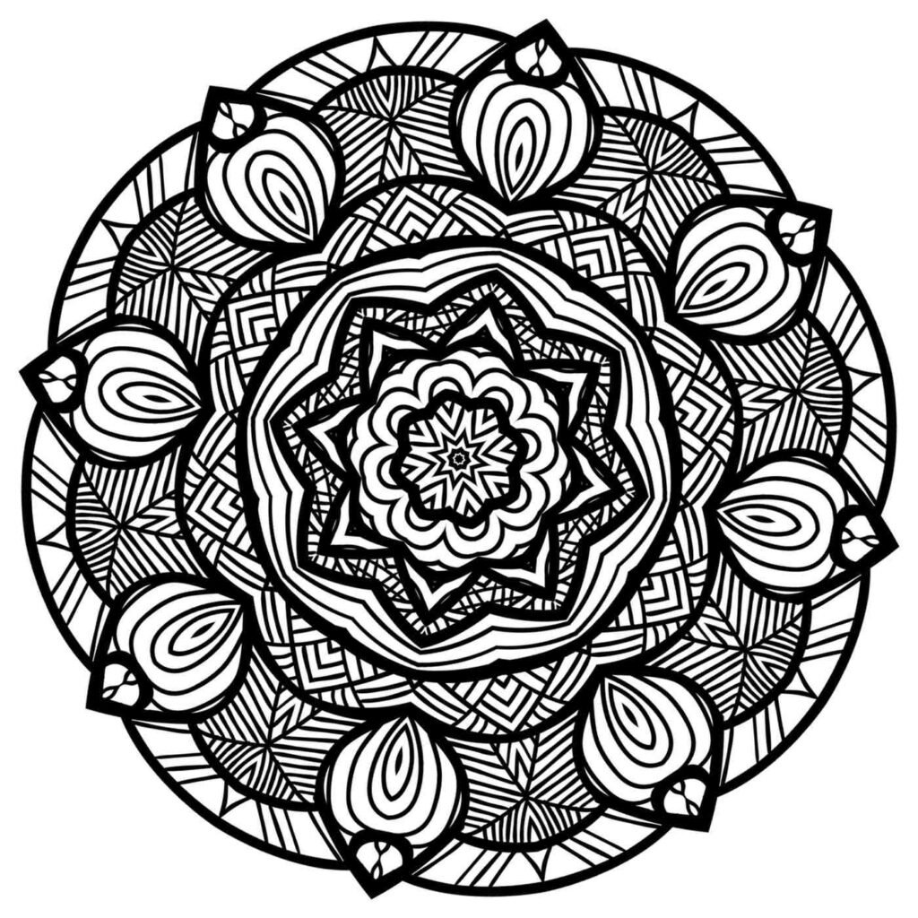 Detailed symmetrical circular mandala with abstract floral and geometric patterns, including striped sections and layered petal-like elements, black and white design for artistic coloring.