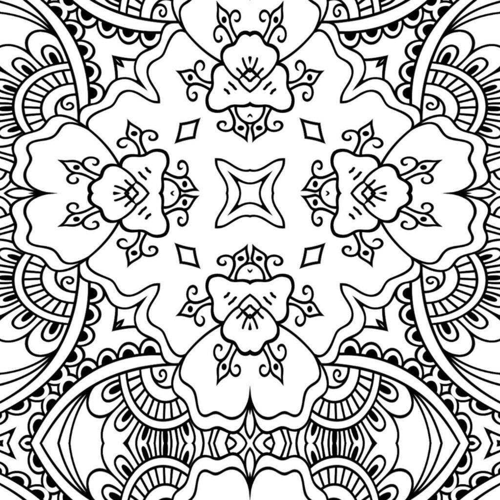 Highly detailed ornate floral mandala coloring page with intricate blooming patterns and decorative elements, perfect for advanced relaxation.