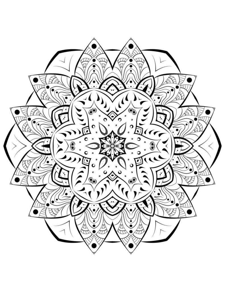 Highly intricate symmetrical circular mandala with a central star, multiple layers of ornate petals, delicate dot patterns, and complex floral motifs, black and white design for advanced adult coloring.