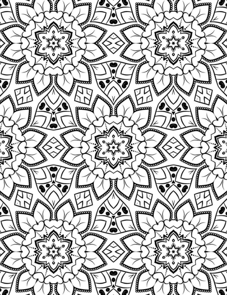 Highly detailed black and white floral mandala with layered petals, dotted outlines, and geometric embellishments