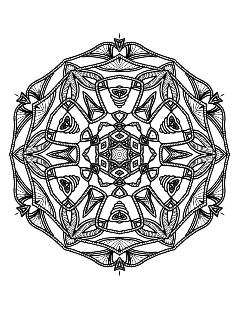 Highly intricate symmetrical mandala with a central multi-faceted star, radiating layers of overlapping geometric shapes, and detailed organic linear patterns, black and white design for advanced adult coloring.