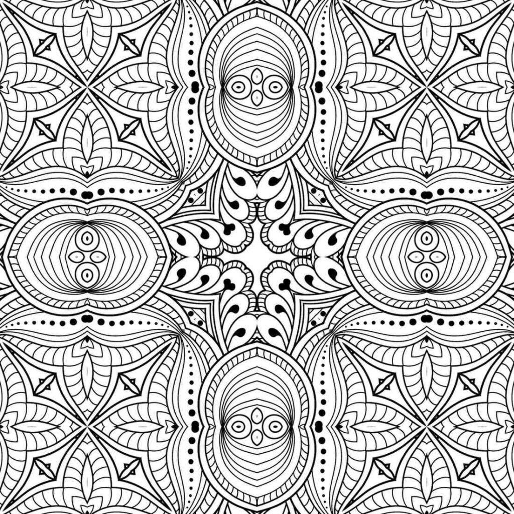 Highly detailed mandala coloring page with symmetrical floral patterns, teardrop shapes, and intricate dot work for mindful relaxation.