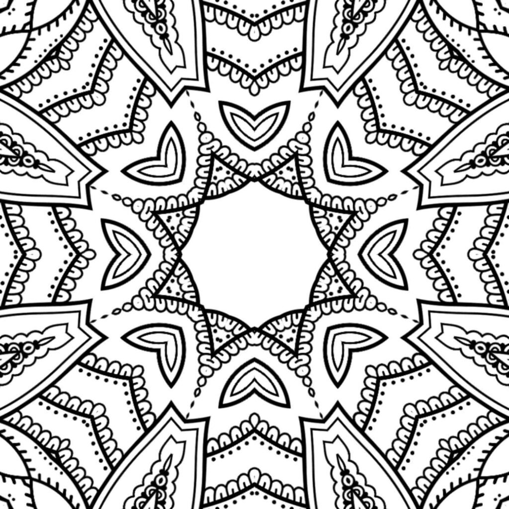 Highly detailed black and white mandala with a central star formed by heart shapes, surrounded by layers of intricate patterns, dots, and scalloped edges, ideal for advanced coloring.