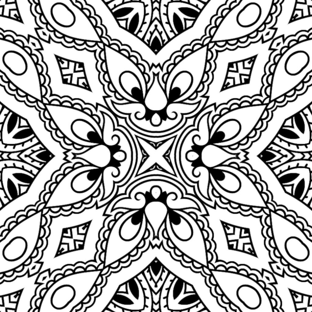 Highly decorative black and white mandala with central floral star, prominent paisley-like motifs, and intricate geometric details – perfect for complex coloring and mindful engagement.