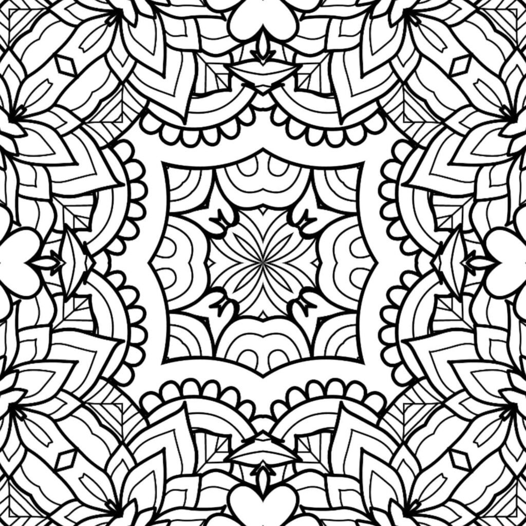 Highly detailed symmetrical mandala coloring page with a central square framing a flower, surrounded by scalloped edges and radiating intricate patterns.