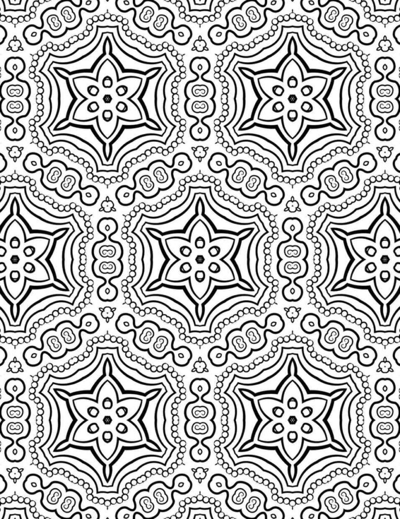 Highly detailed ornate star chain mandala with intricate six-pointed stars and elegant beaded-loop connectors, perfect for mindful coloring and focus.